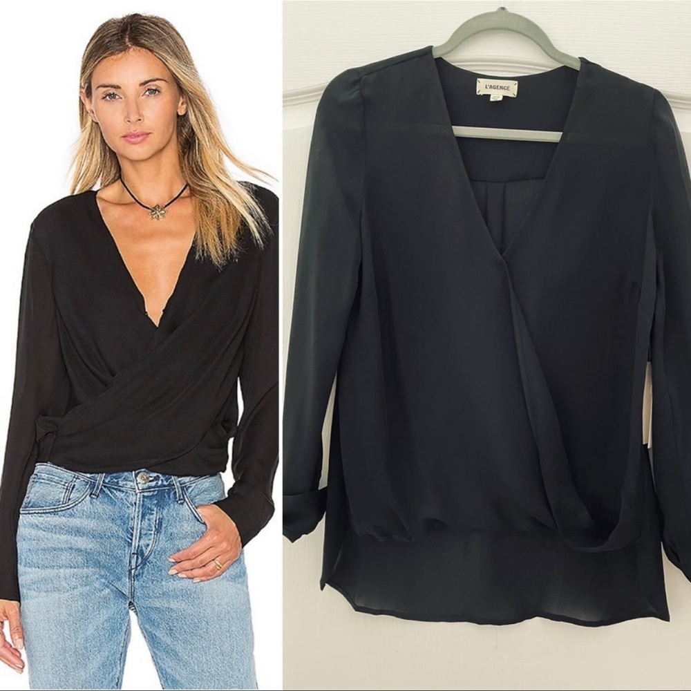 L'AGENCE Black V-Neck Blouse XS
